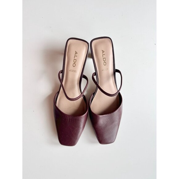 ALDO Afean Dark Brown Burgundy Leather Square Toe Slip On Mules Slides, Size 7 - Picture 2 of 12